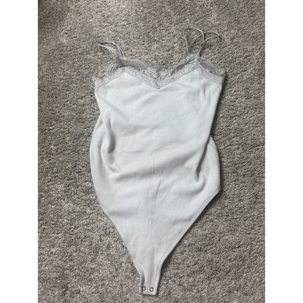 Abercrombie & Fitch Grey Ribbed Lace Trim Bodysuit XL Sleeveless V-Neck